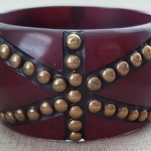 Brass Studded Dark Cherry Wooden Bracelet 2"
